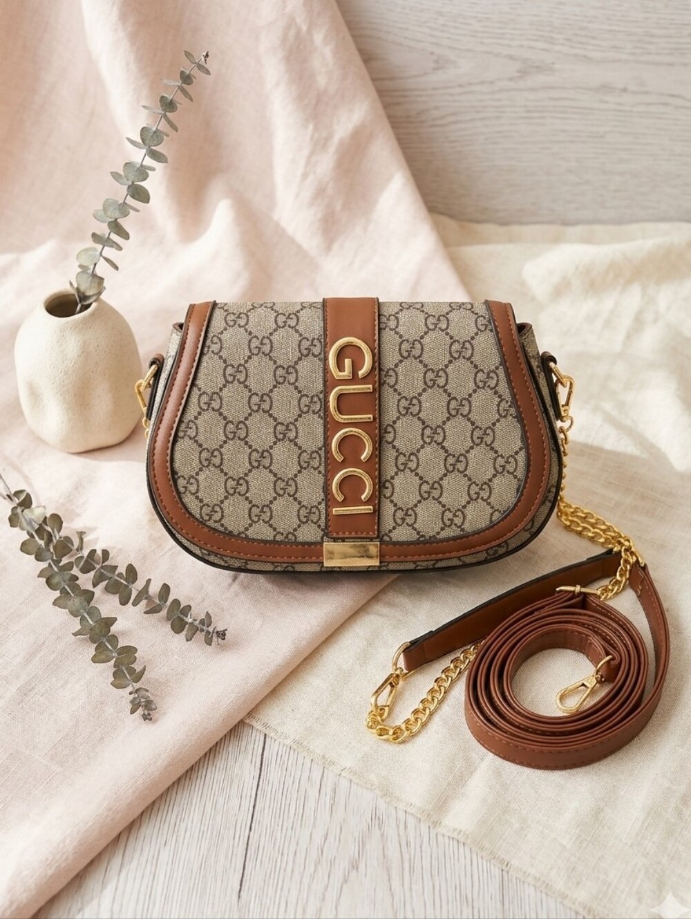 ♡♡♡ Tan Monogram Crossbody with Gold Lettering and Hardware